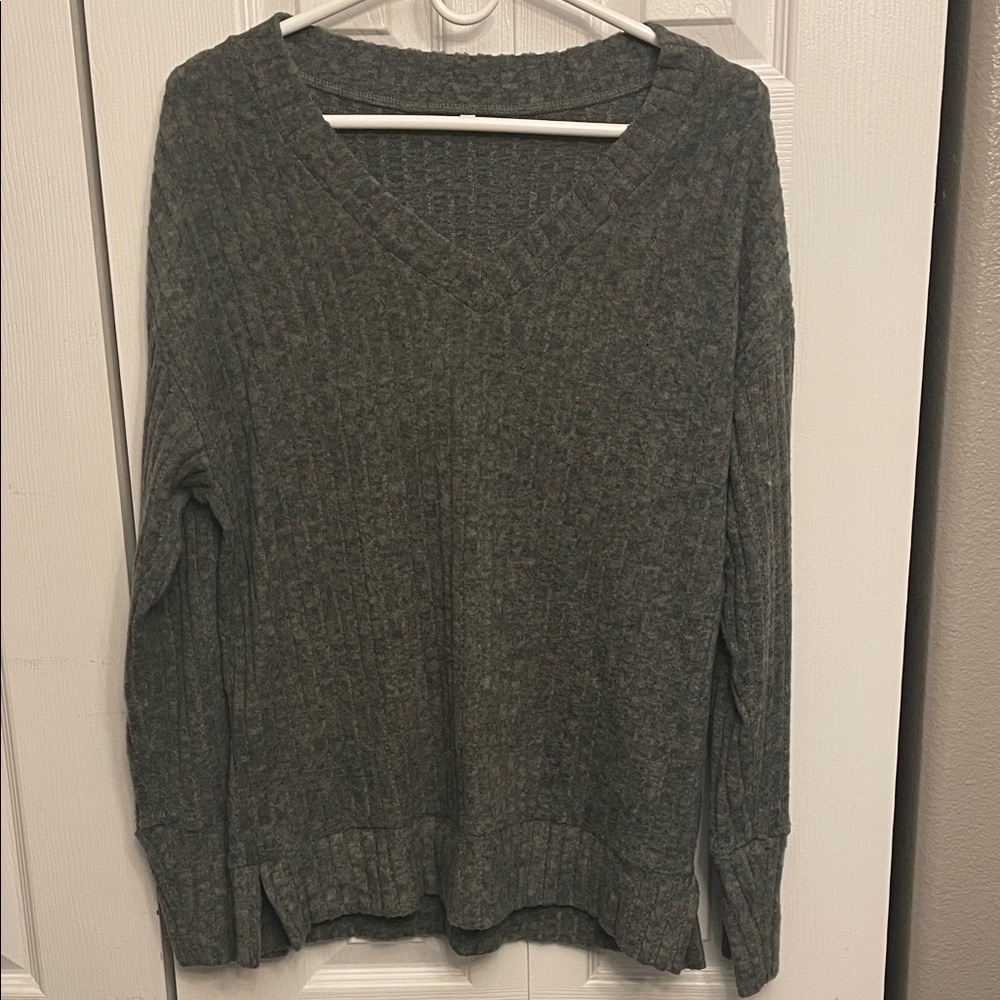 Gray/Green V-Neck Women's Sweater